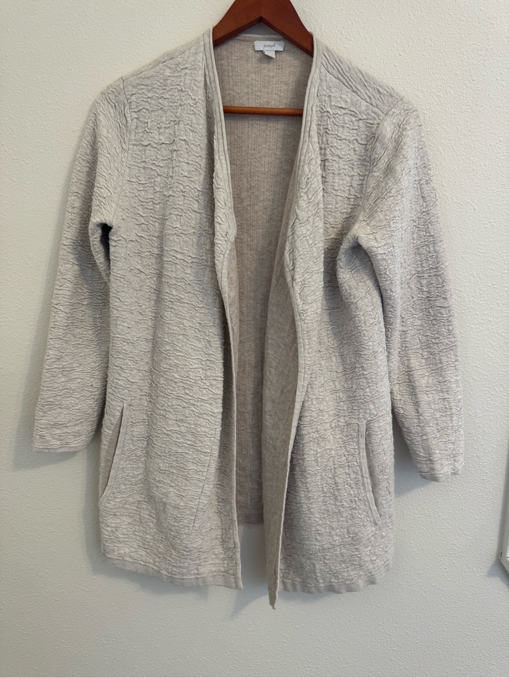 Pure Jill 100% Cotton Textured Open Front Longline Cardigan Beige Size S